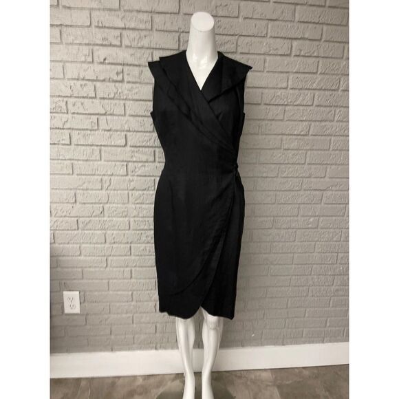 Roger Edwards Black Linen Wrap Dress with Asymmetrical Collar Size 4 - Picture 1 of 12